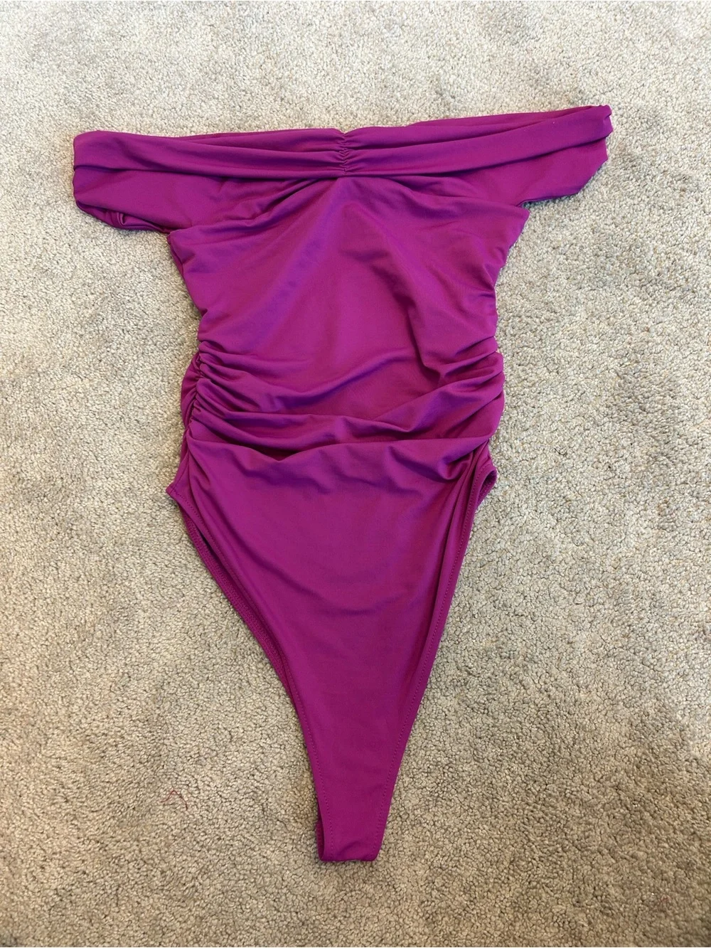 ZARA Magenta Off-the-Shoulder Ruched Bodysuit Gold Hardware Stretch Top Sz M